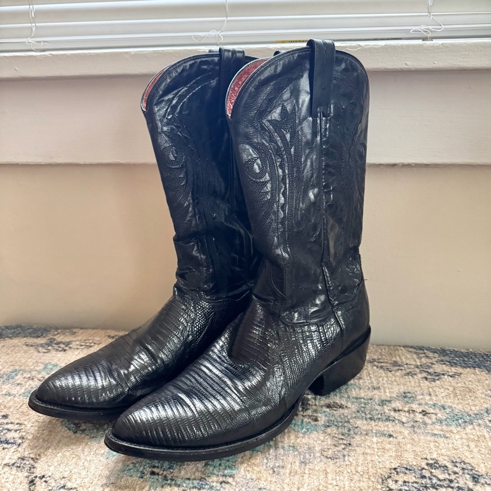 Vintage Dan Post Black Black Leather/ Lizard Western Cowboy Boots size 11 Men’s - Picture 12 of 12